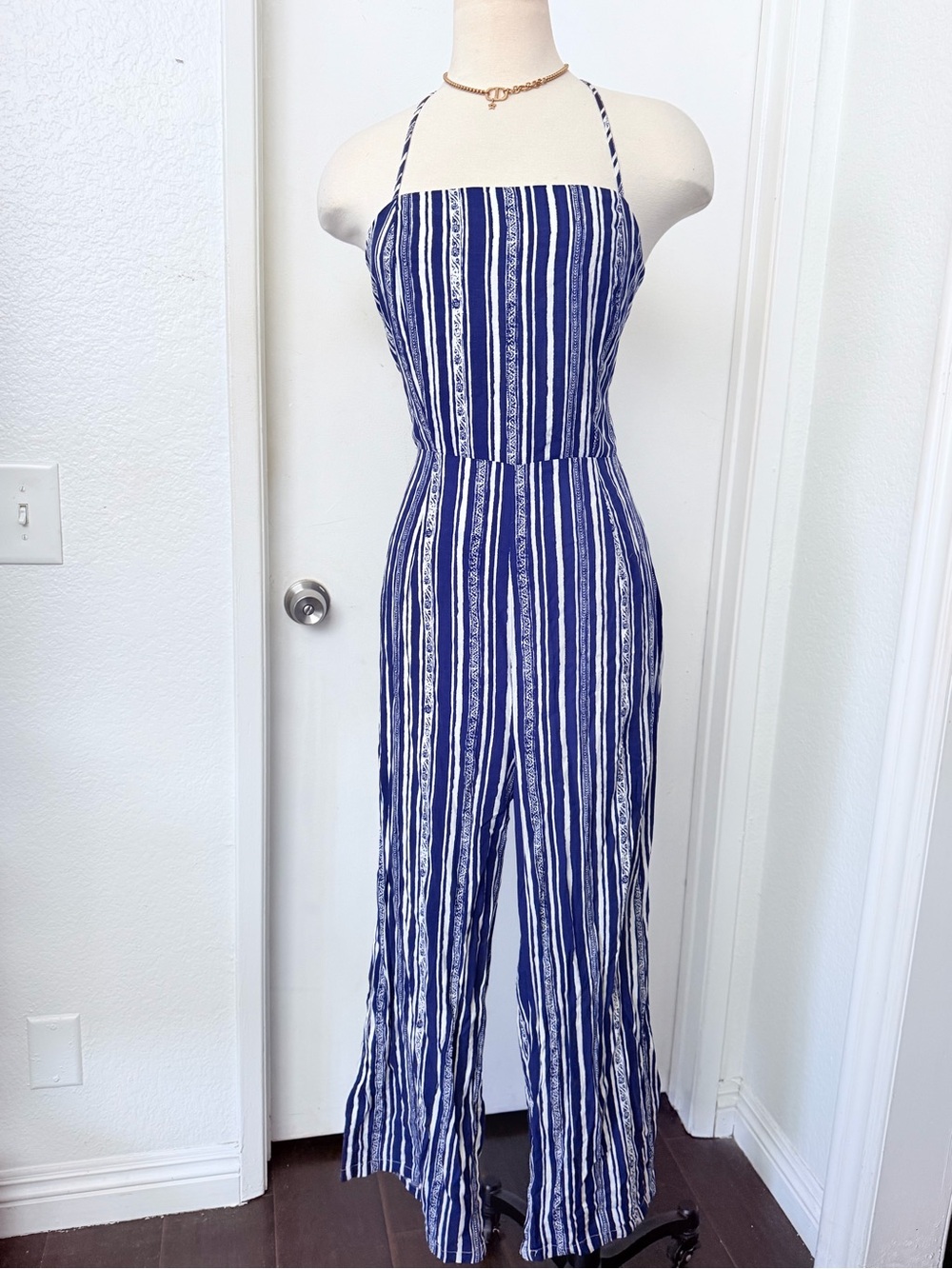 Striped Navy Blue Halter Jumpsuit